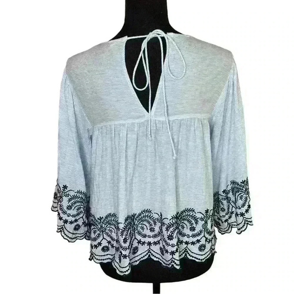 Zara Basics Stripes Embroidered Top 3/4 Sleeve Wide Sleeve - Picture 3 of 4